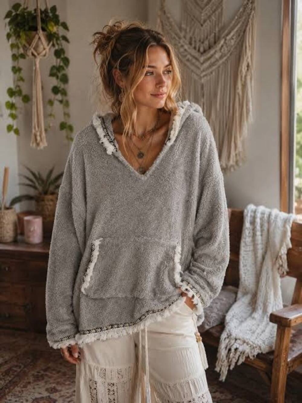Natural Life Sweatshirt Top Oversized Blanket Hoodie ONE SIZE Cozy Cottage Gray